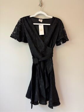 GLM Clothing Black Lace Wrap Mini Dress NWT | Size XS | Flutter Sleeve